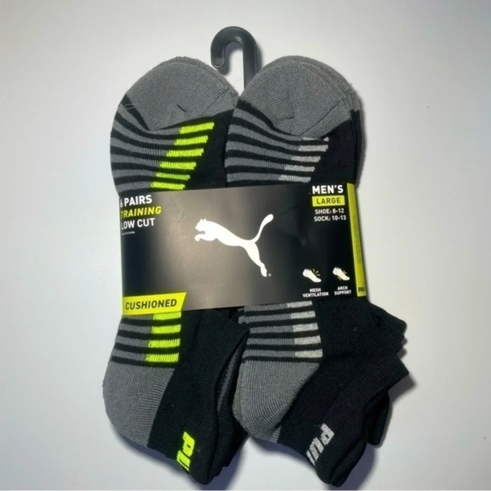 Puma men’s low cut socks 6 pack size 8-12 black gray yellow blue